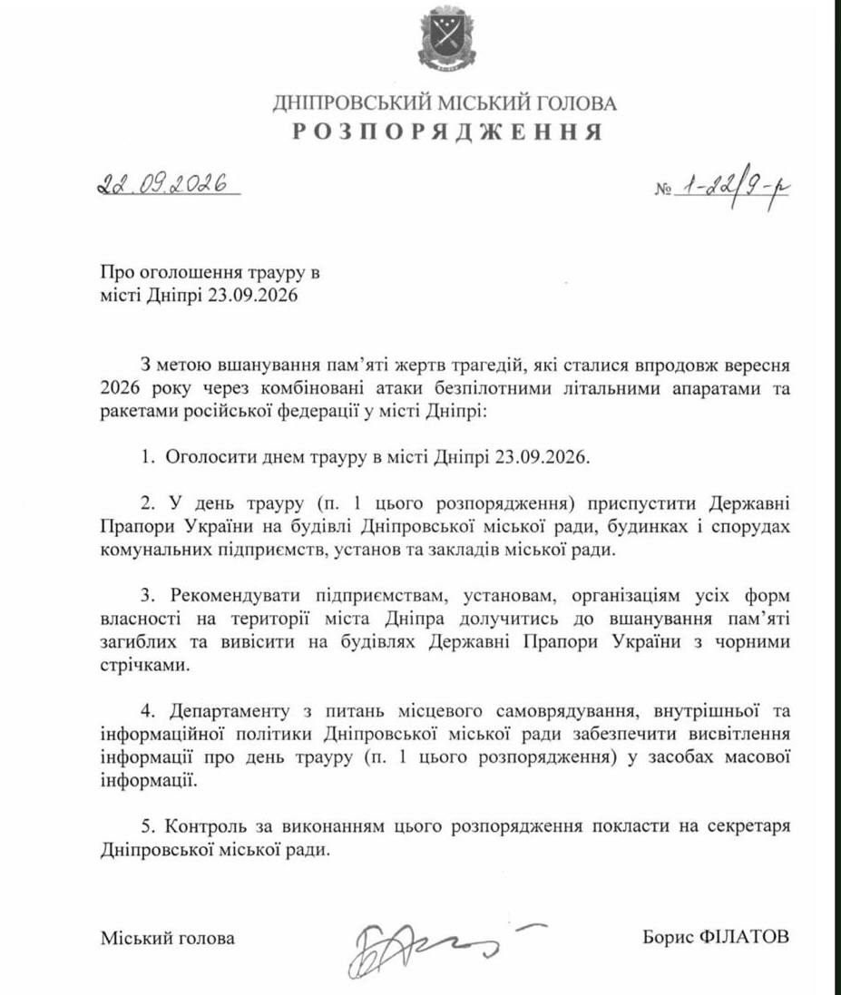 У Дніпрі 23 вересня оголошено день трауру за загиблими внаслідок російських атак